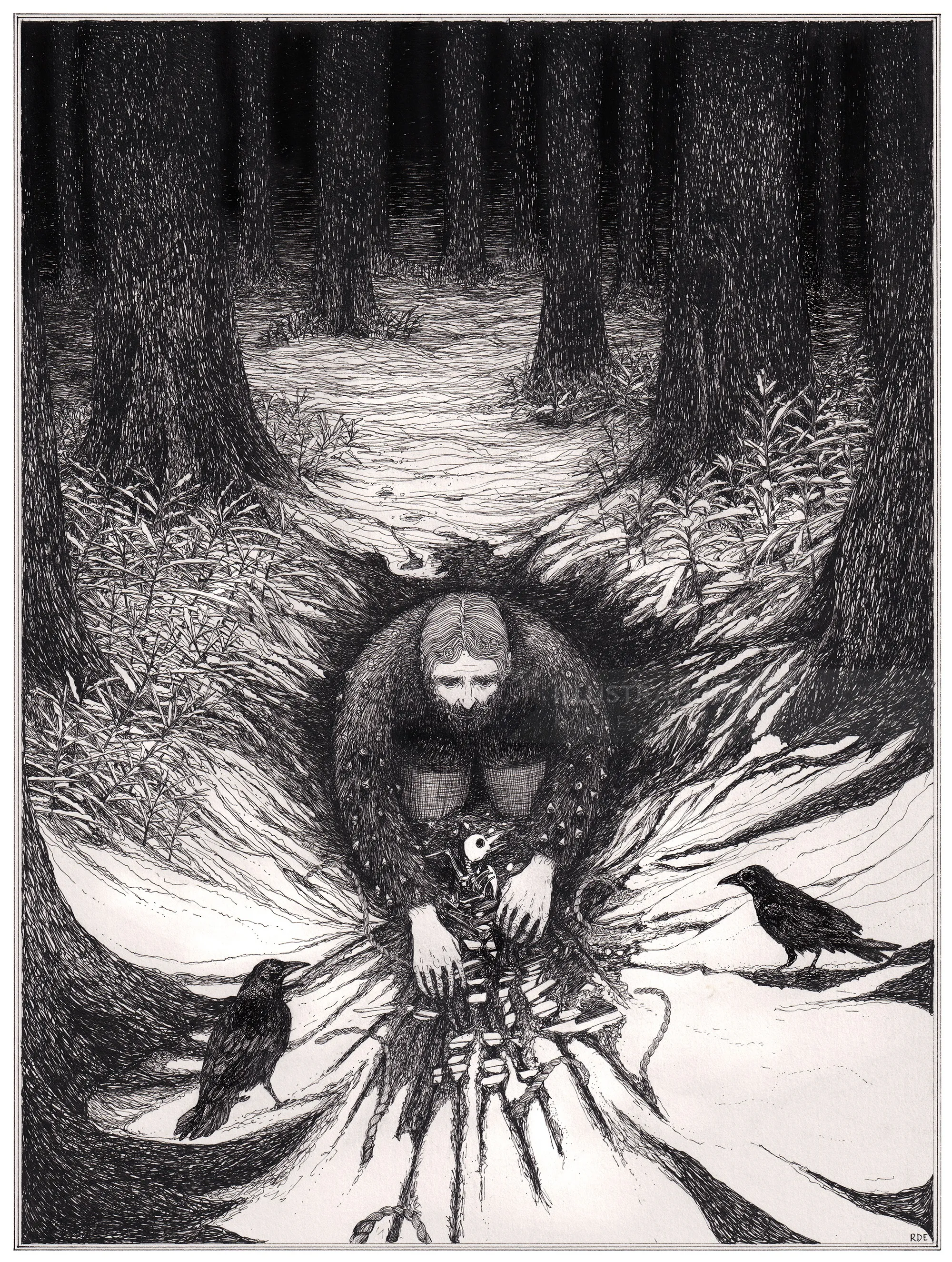 Anna scratching earth in forest clearing with two crows by Rohan Eason