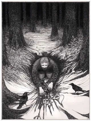 Anna scratching earth in forest clearing with two crows by Rohan Eason