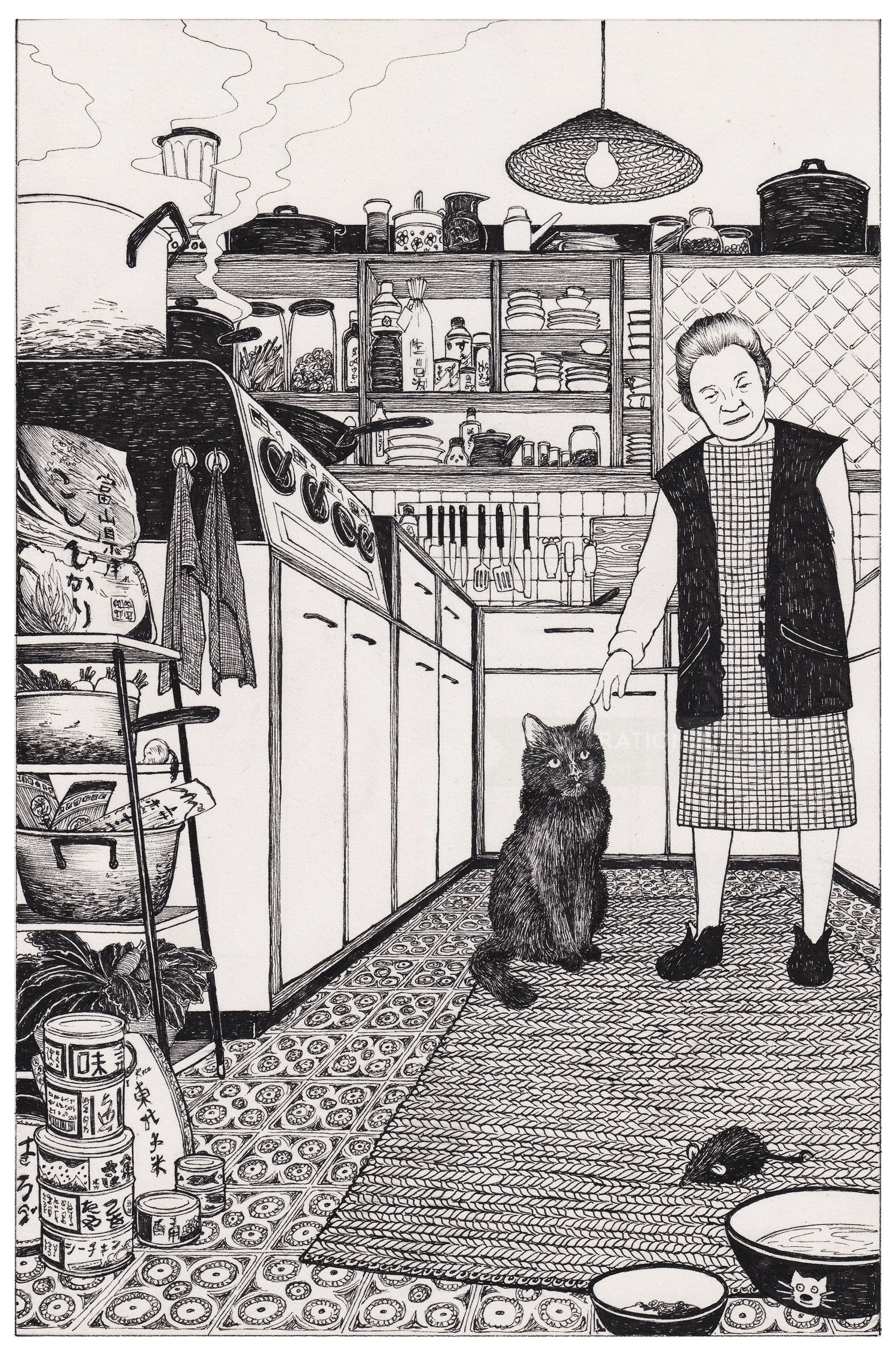Illustration of a woman standing with a black cat in the kitchen by Rohan Eason