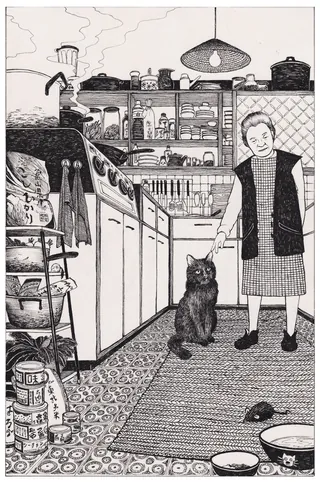 Illustration of a woman standing with a black cat in the kitchen by Rohan Eason