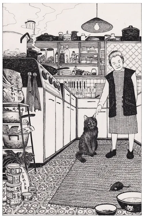 Illustration of a woman standing with a black cat in the kitchen by Rohan Eason