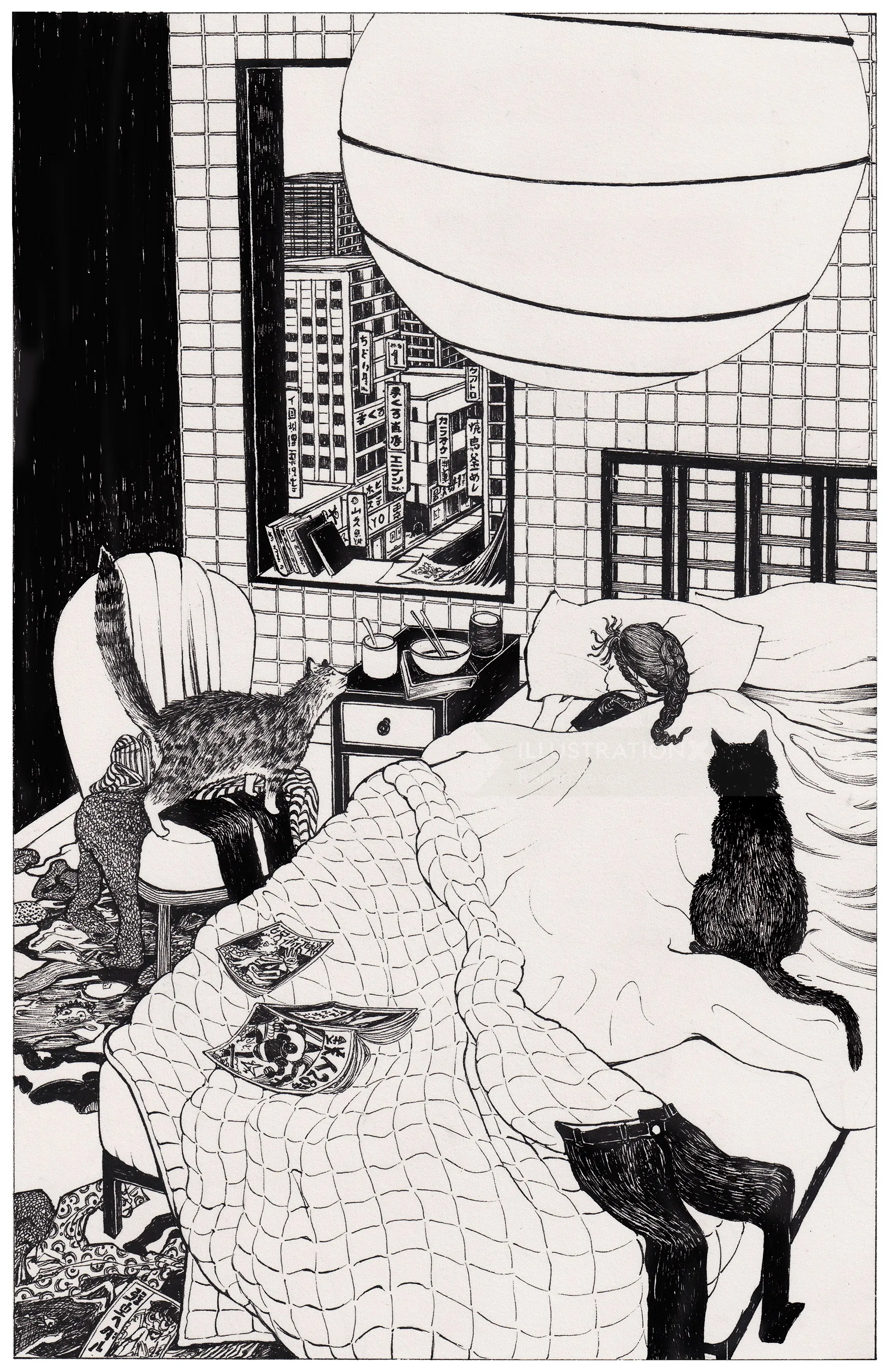 Black and white drawing of cats in bedroom, by Rohan Eason