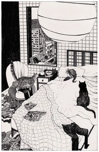 Black and white drawing of cats in bedroom, by Rohan Eason