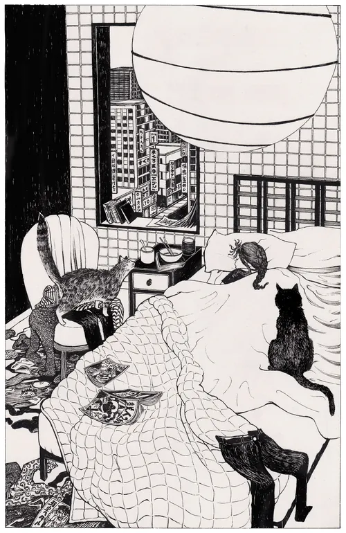 Black and white drawing of cats in bedroom, by Rohan Eason