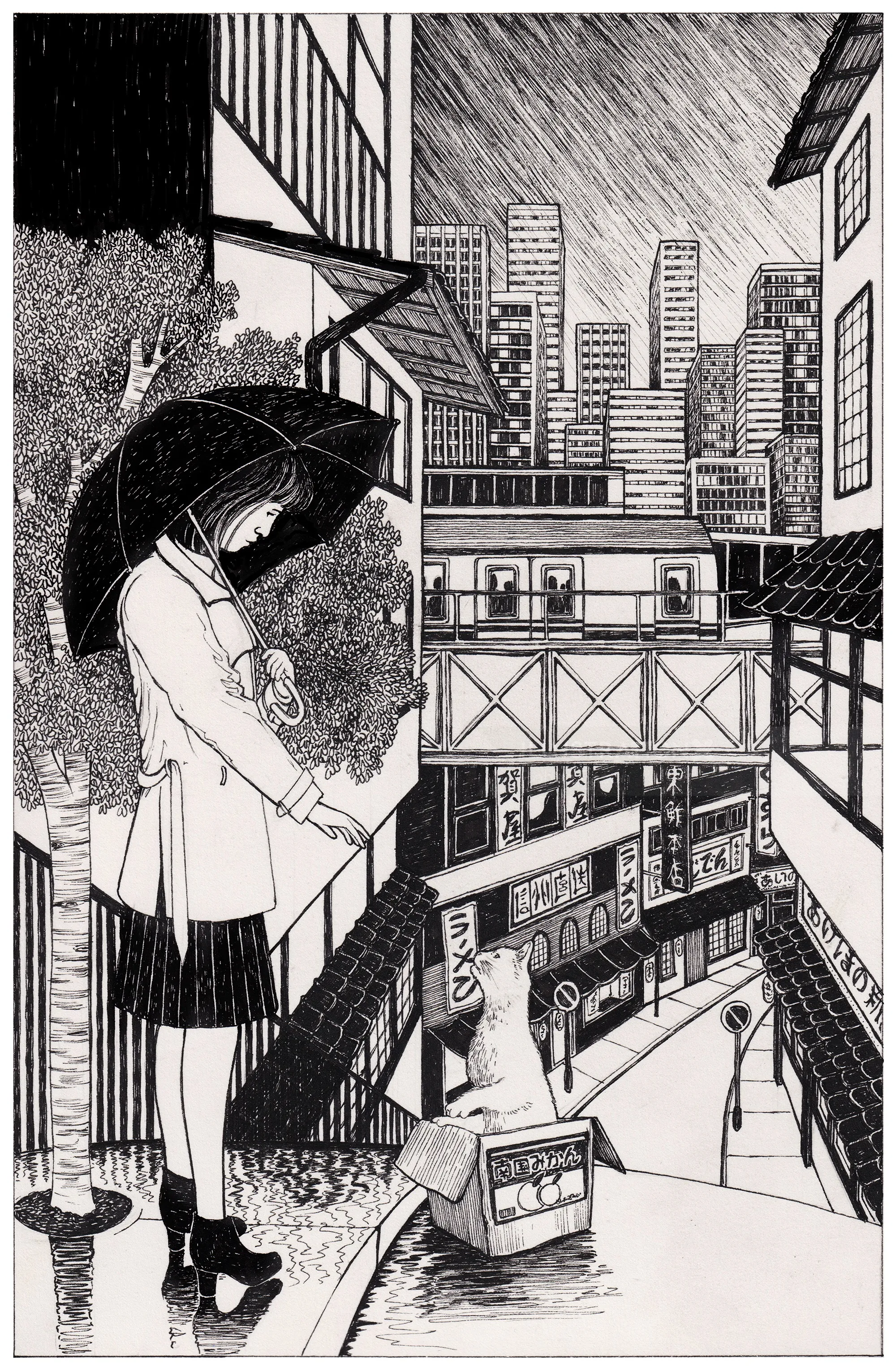 Girl holding umbrella standing near cat in urban street scene by Rohan Eason