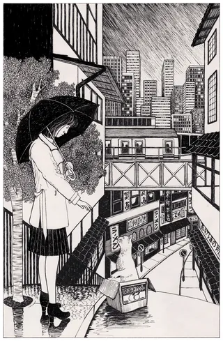 Girl holding umbrella standing near cat in urban street scene by Rohan Eason