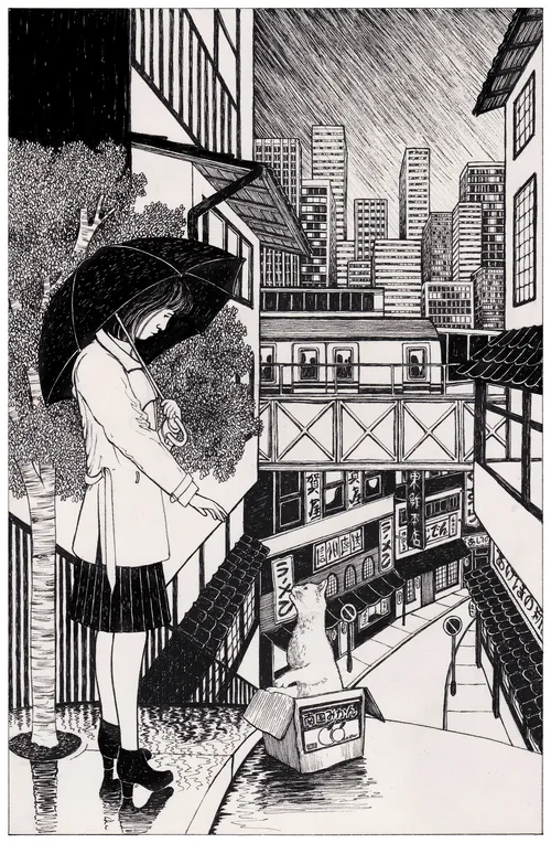 Girl holding umbrella standing near cat in urban street scene by Rohan Eason