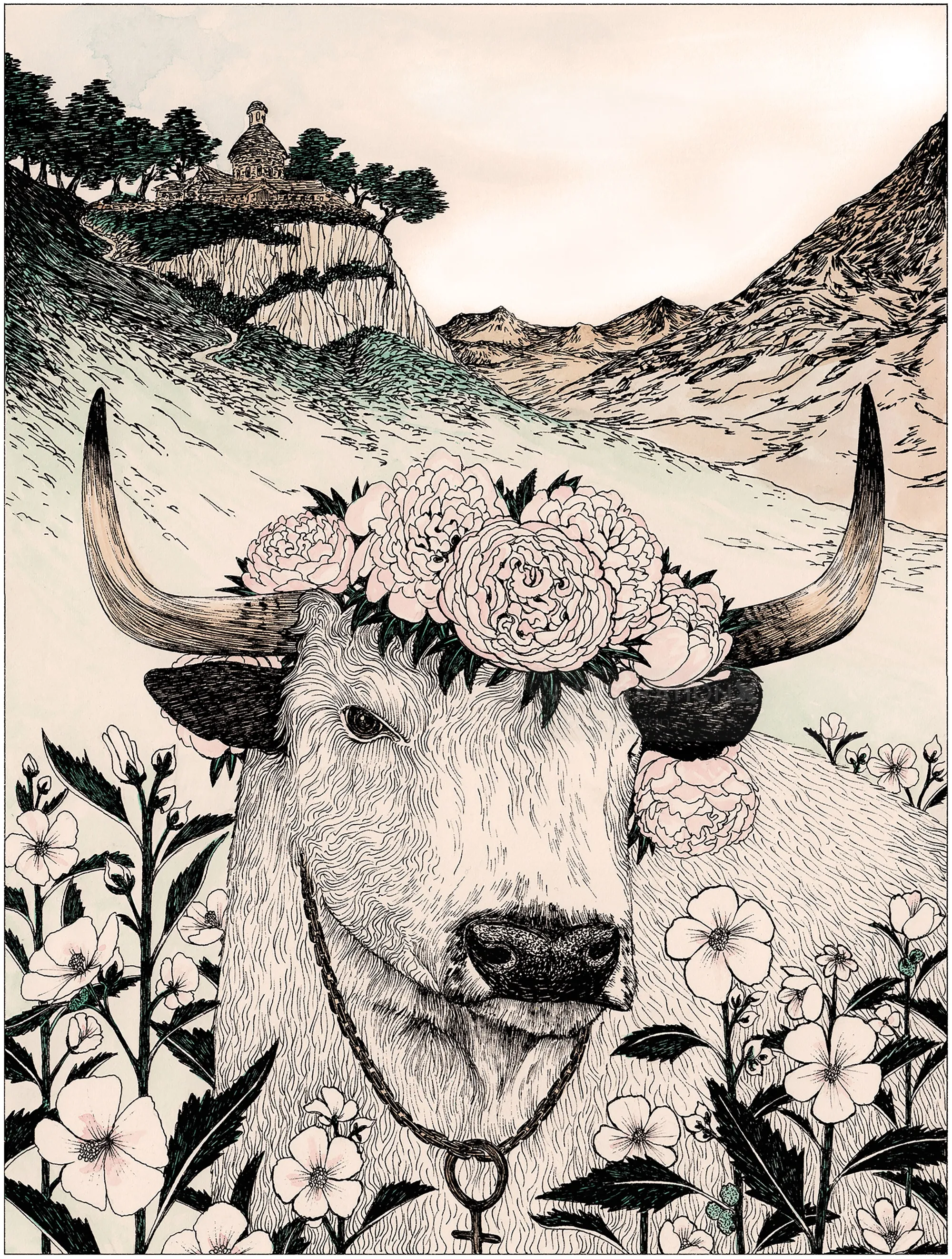 Bull wearing a flower crown in a mountain landscape by Rohan Eason