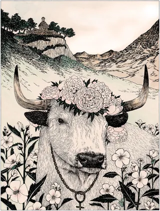 Bull wearing a flower crown in a mountain landscape by Rohan Eason