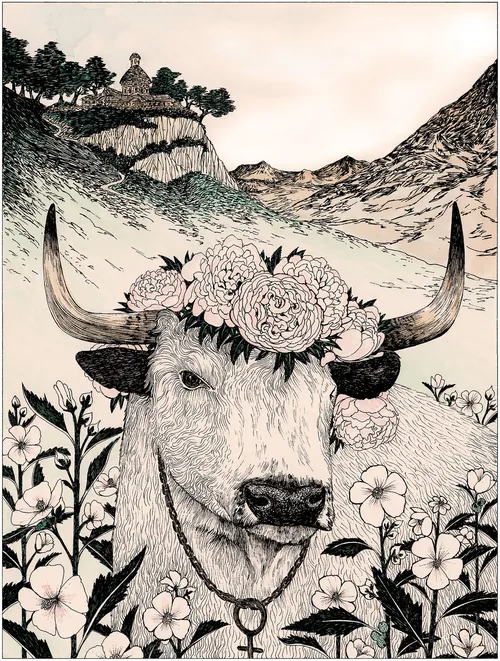 Bull wearing a flower crown in a mountain landscape by Rohan Eason