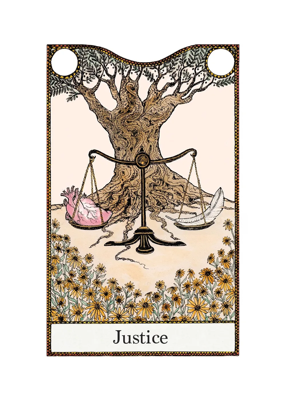 Justice tarot card with tree, scales, and two animals by Rohan Eason