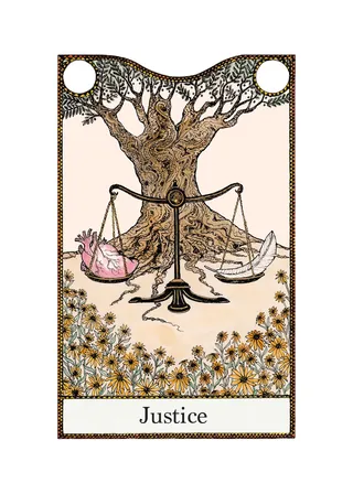 Justice tarot card with tree, scales, and two animals by Rohan Eason
