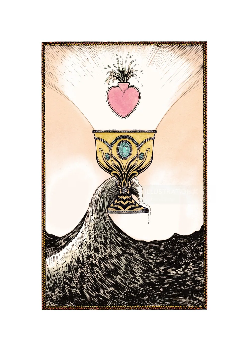 Ace of Cups tarot card with flowing water and radiant heart by Rohan Eason