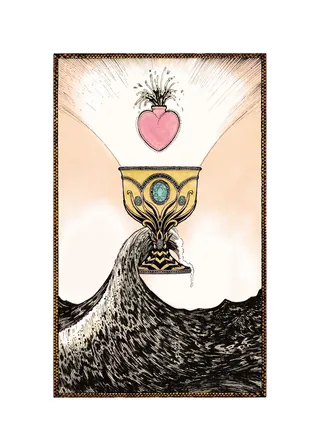 Ace of Cups tarot card with flowing water and radiant heart by Rohan Eason