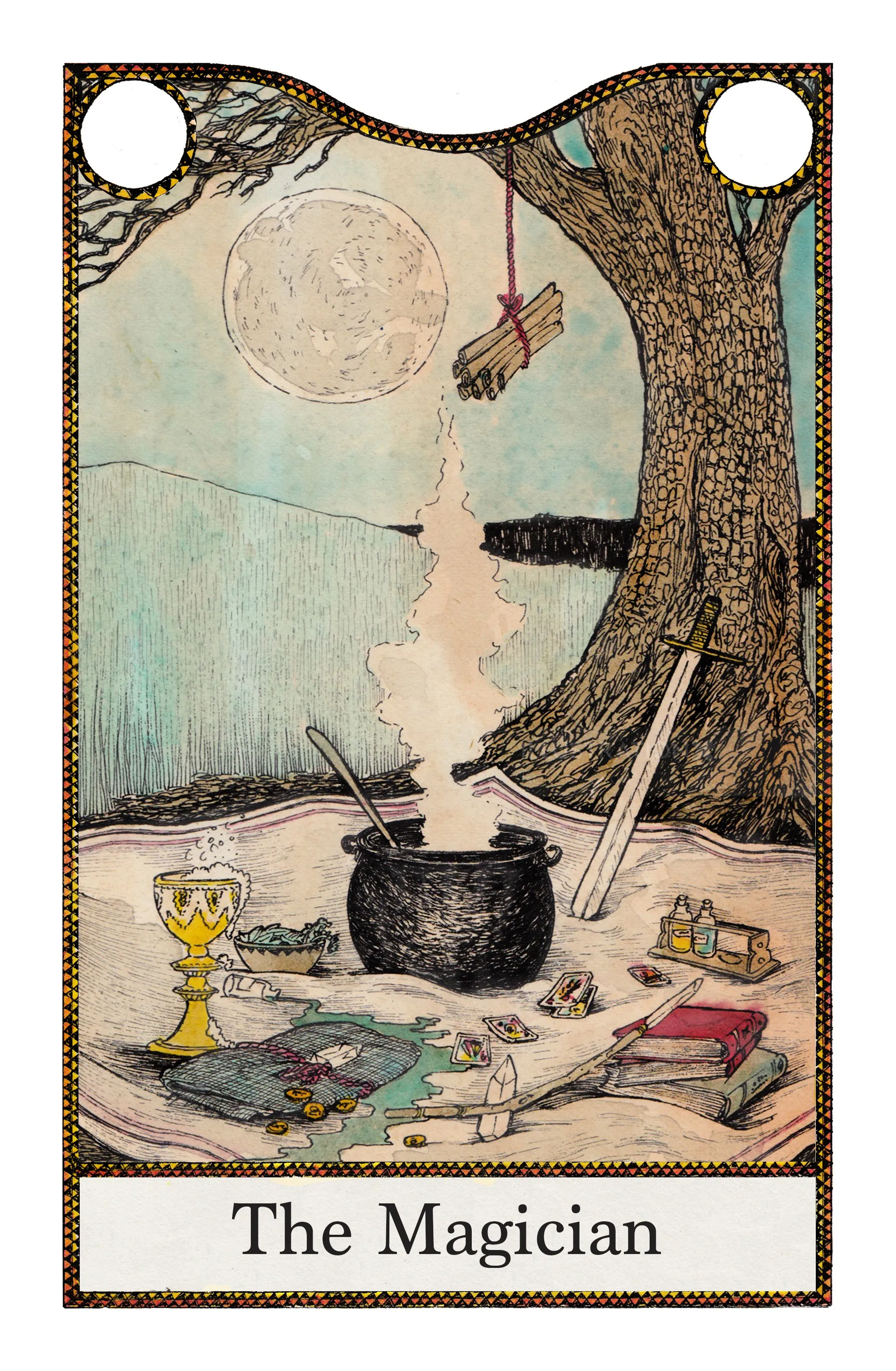 Tarot card The Magician with cauldron and elemental symbols by Rohan Eason