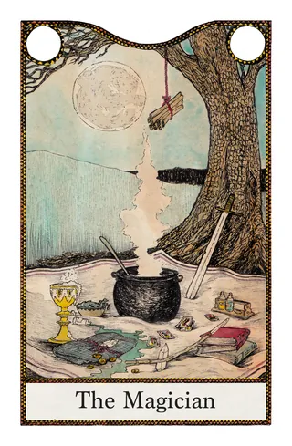 Tarot card The Magician with cauldron and elemental symbols by Rohan Eason