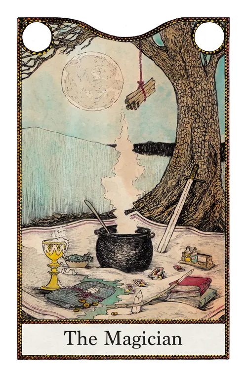 Tarot card The Magician with cauldron and elemental symbols by Rohan Eason