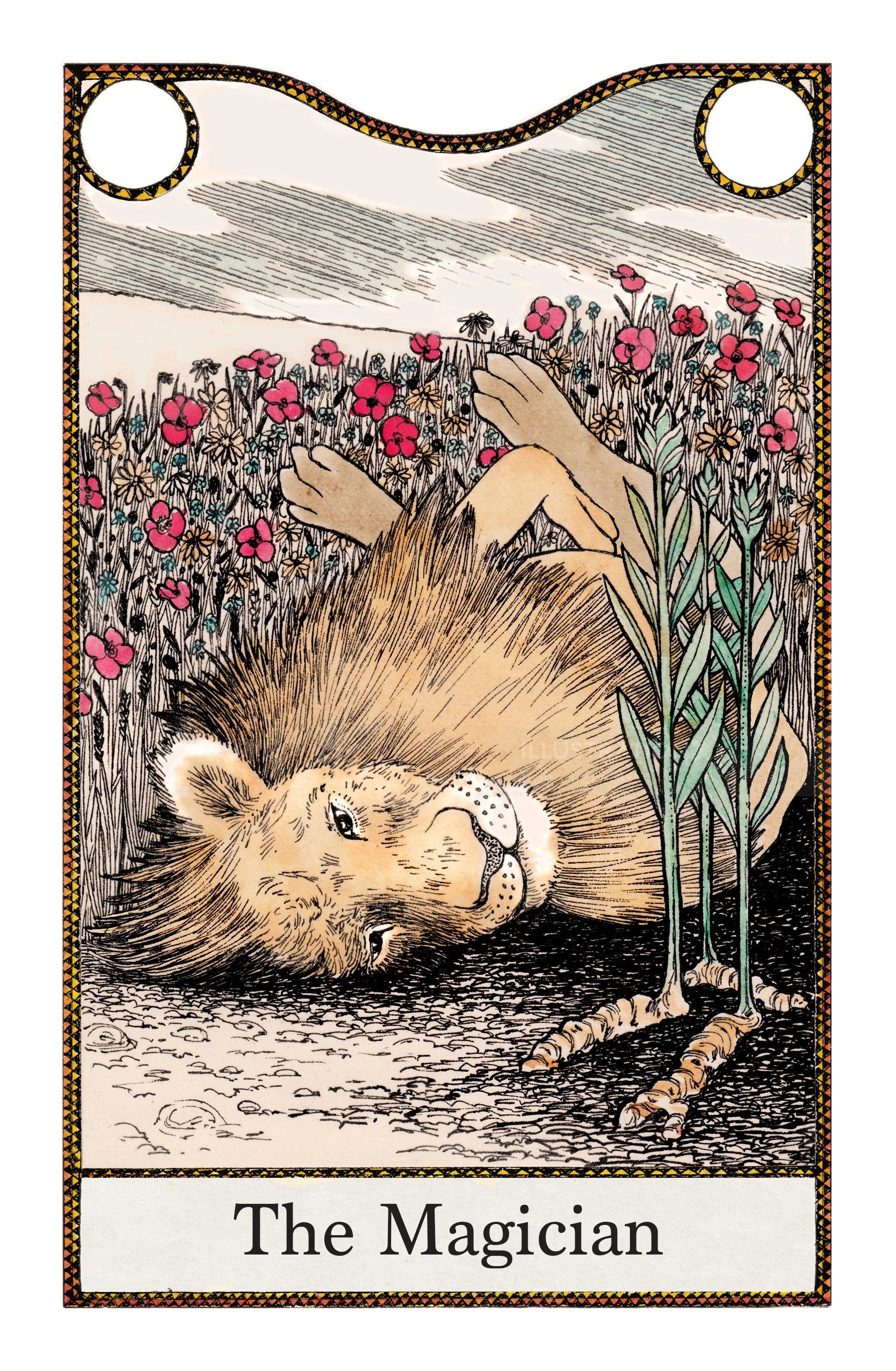 The Magician tarot card featuring a lion lying among flowers by Rohan Eason
