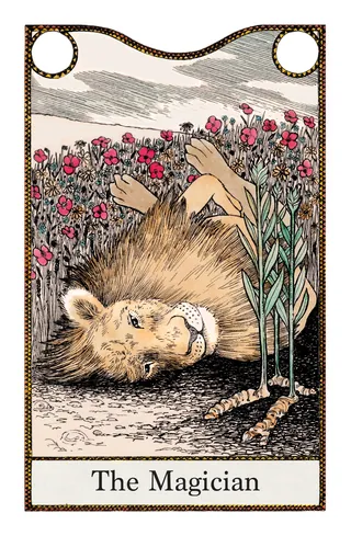 The Magician tarot card featuring a lion lying among flowers by Rohan Eason