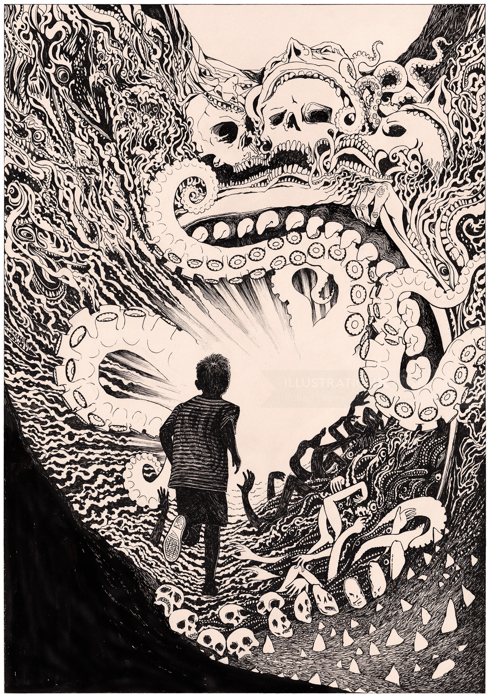 Man facing monstrous tentacles and skulls representing gluttony by Rohan Eason