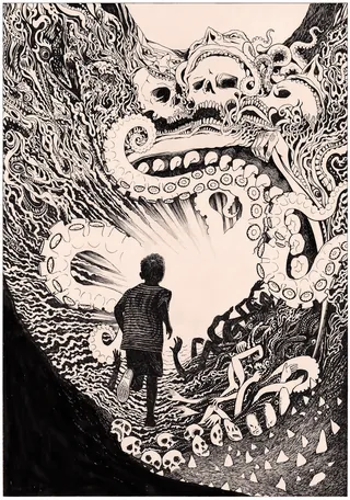 Man facing monstrous tentacles and skulls representing gluttony by Rohan Eason