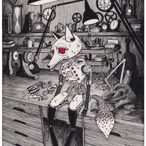 Mechanical fox figure in workshop with clocks and tools by Rohan Eason