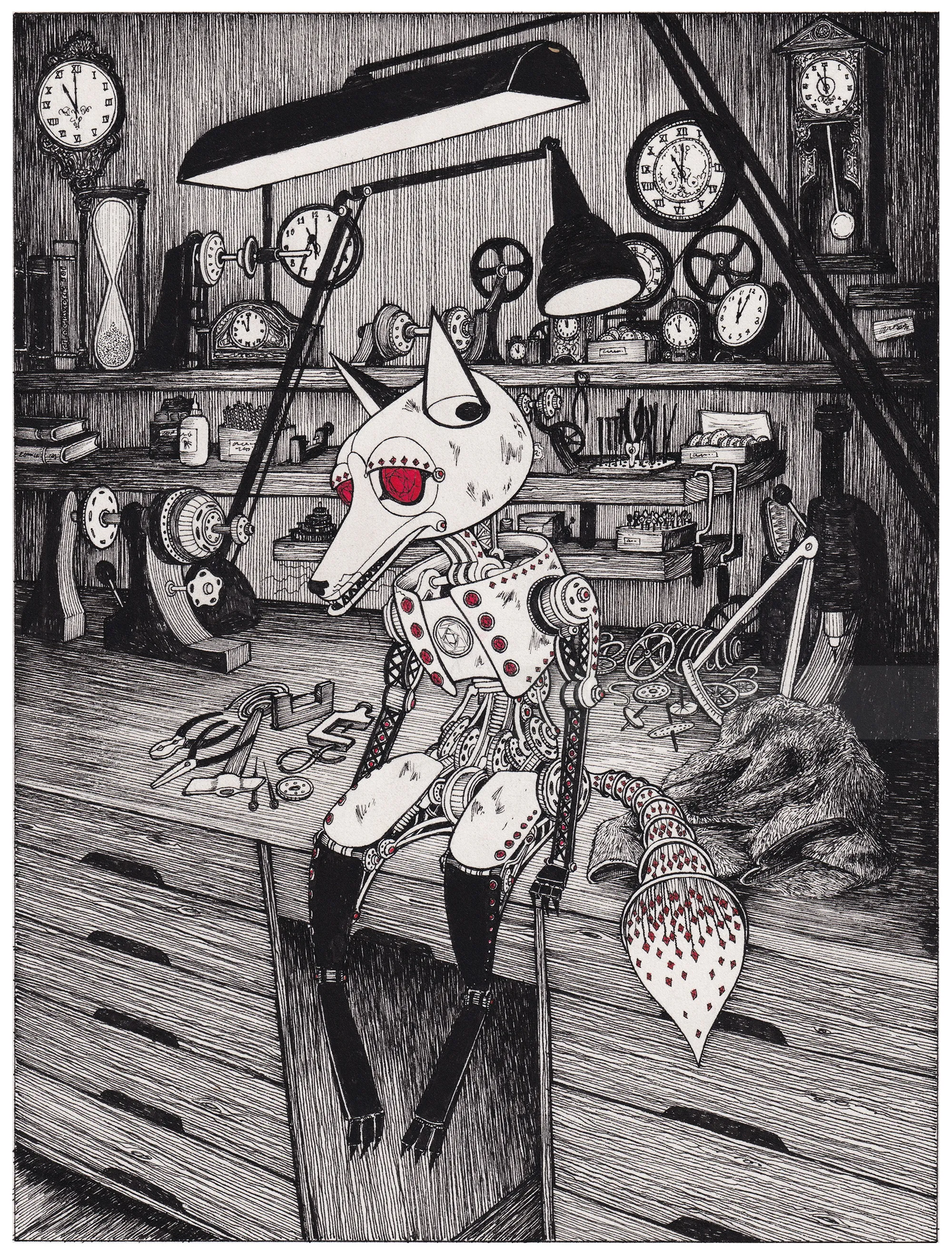 Mechanical fox figure in workshop with clocks and tools by Rohan Eason