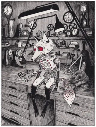Mechanical fox figure in workshop with clocks and tools by Rohan Eason