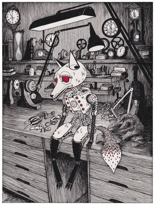 Mechanical fox figure in workshop with clocks and tools by Rohan Eason