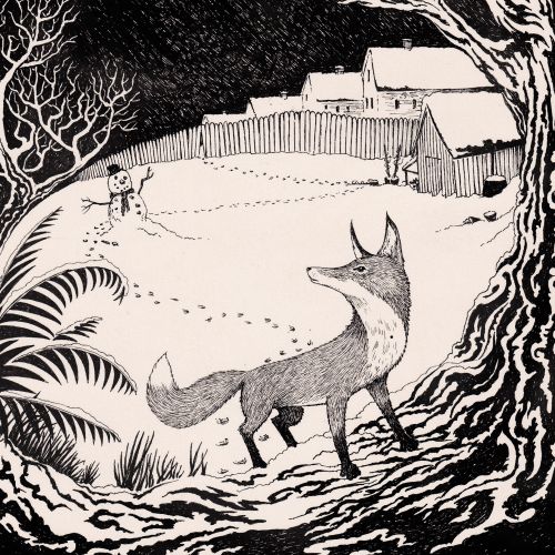 Fox standing in snowy landscape under full moon by Rohan Eason