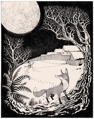 Fox standing in snowy landscape under full moon by Rohan Eason