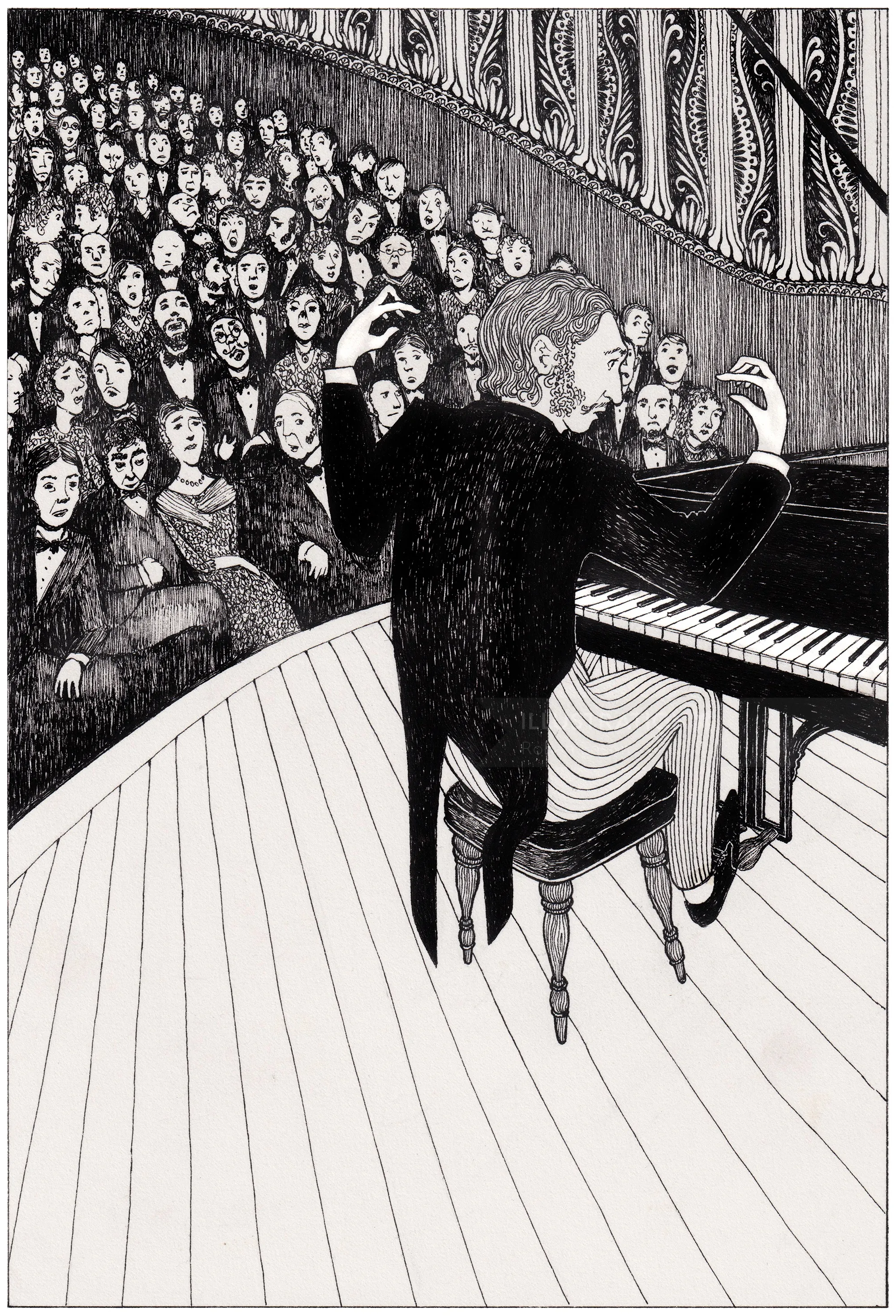A pianist playing a grand piano before a large attentive audience by Rohan Eason