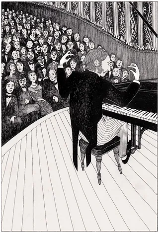 A pianist playing a grand piano before a large attentive audience by Rohan Eason