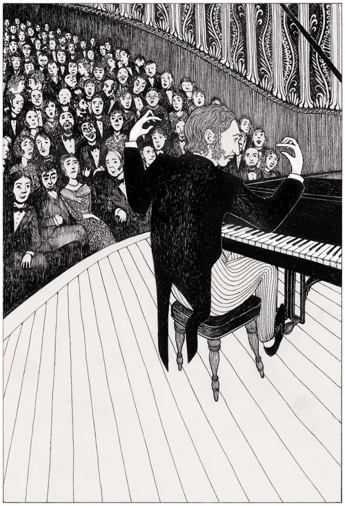 A pianist playing a grand piano before a large attentive audience by Rohan Eason