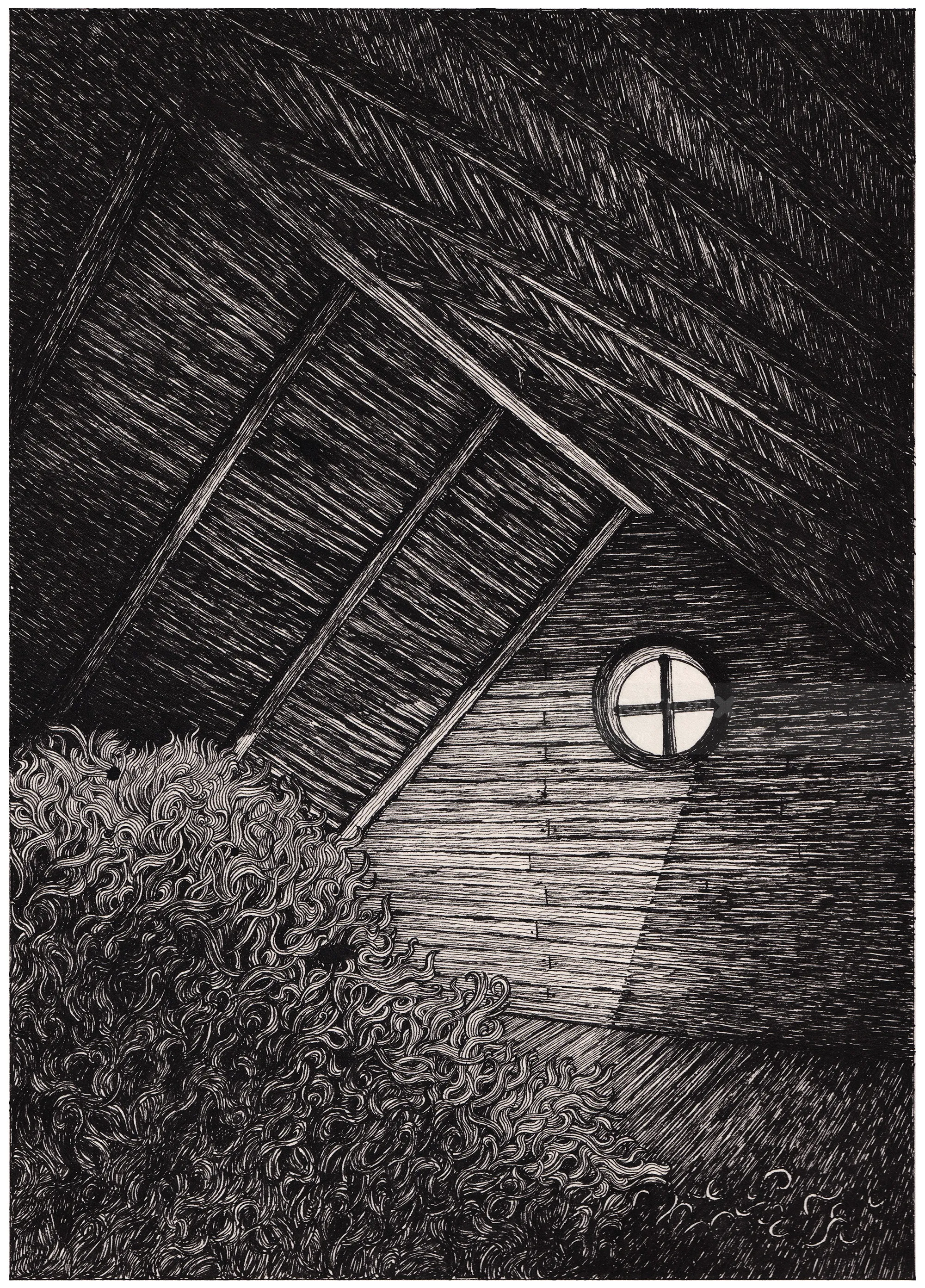 Attic interior with wooden beams and a round window casting light, by Rohan Eason