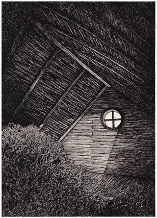 Attic interior with wooden beams and a round window casting light, by Rohan Eason