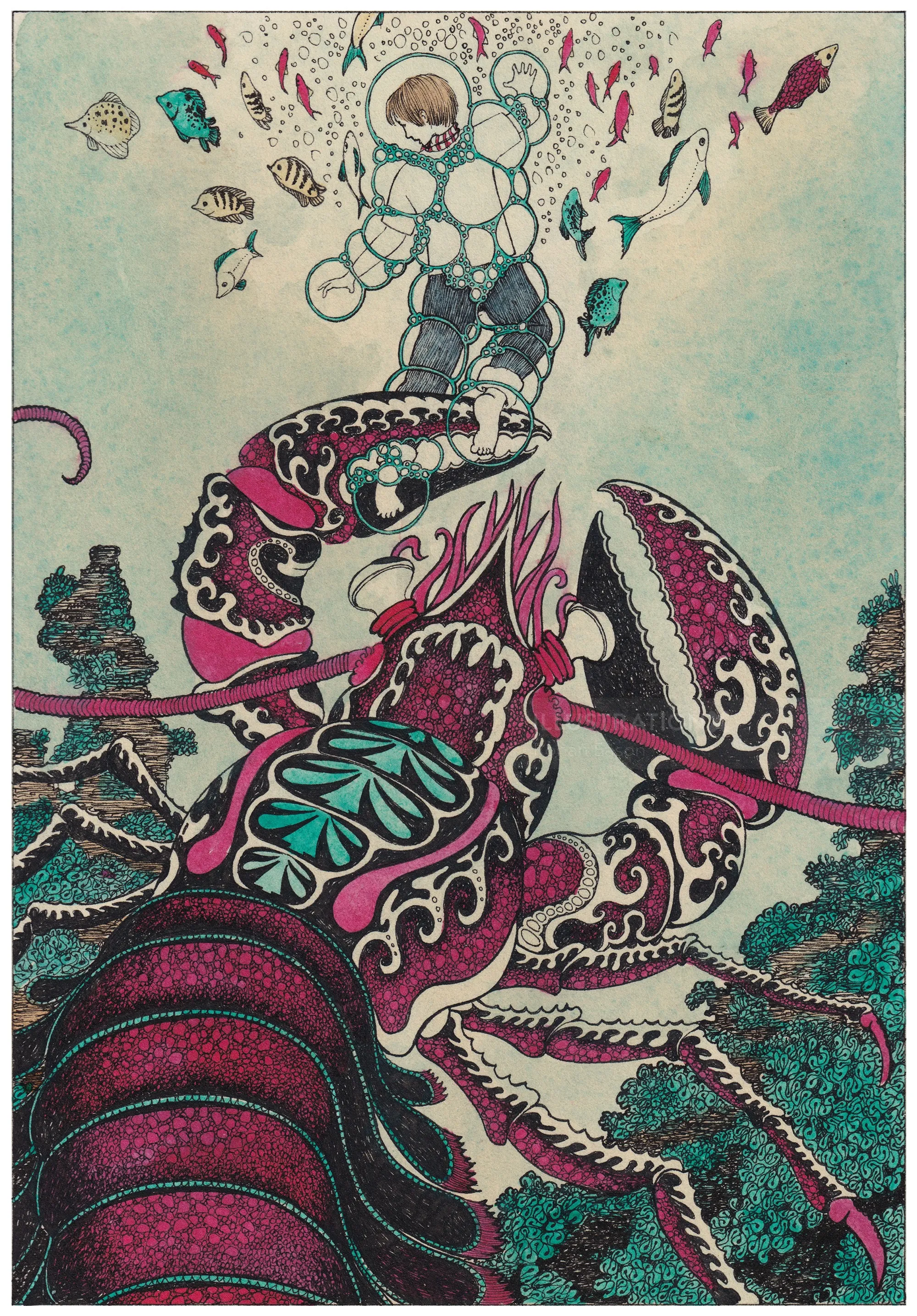 Child riding a detailed giant lobster surrounded by colorful fish, by Rohan Eason