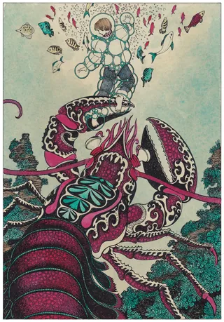 Child riding a detailed giant lobster surrounded by colorful fish, by Rohan Eason