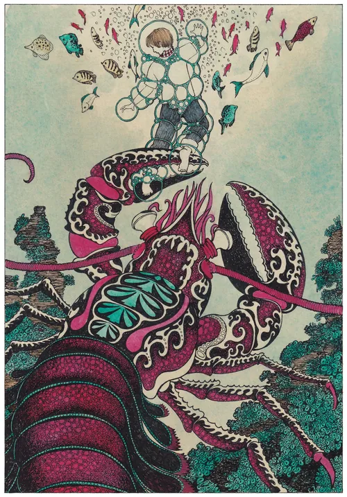 Child riding a detailed giant lobster surrounded by colorful fish, by Rohan Eason