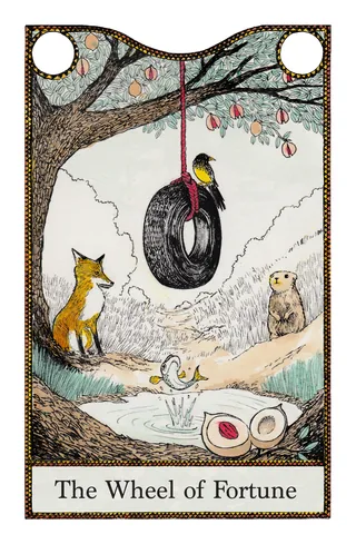 Tarot card The Wheel of Fortune featuring fox, bear, and tire swing by Rohan Eason