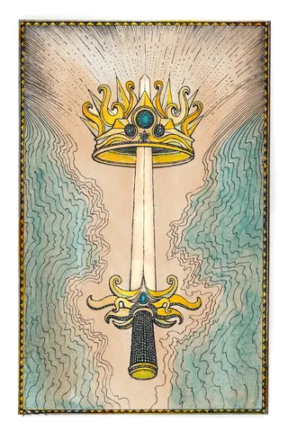 Ace of Swords tarot card with a sword and golden crown, by Rohan Eason
