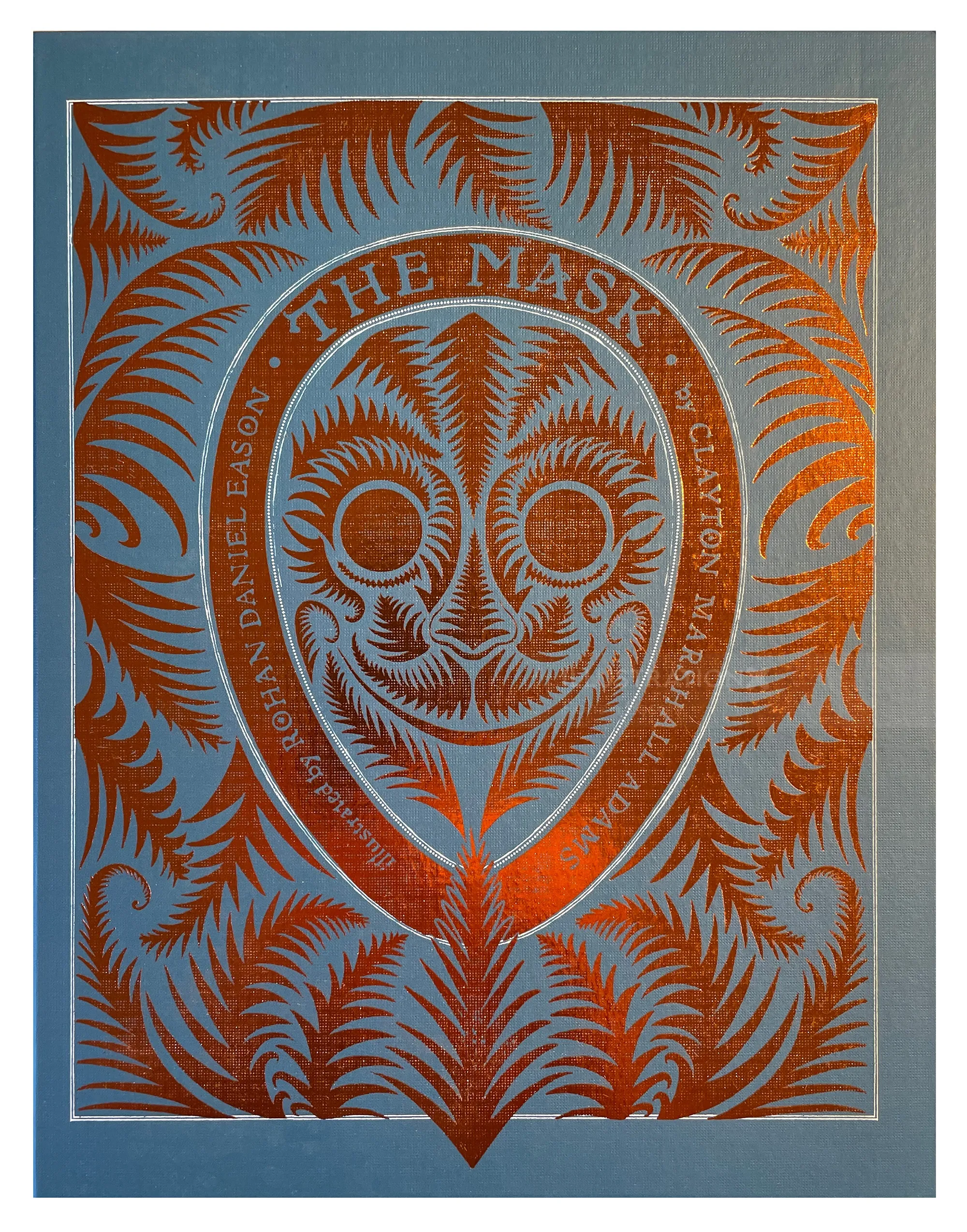 The Mask book cover with ornate orange mask and fern patterns by Rohan Eason