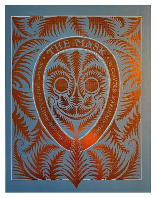 The Mask book cover with ornate orange mask and fern patterns by Rohan Eason
