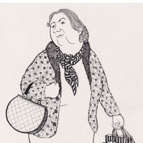 Illustration of a woman shopping at Harrods by Rohan Eason