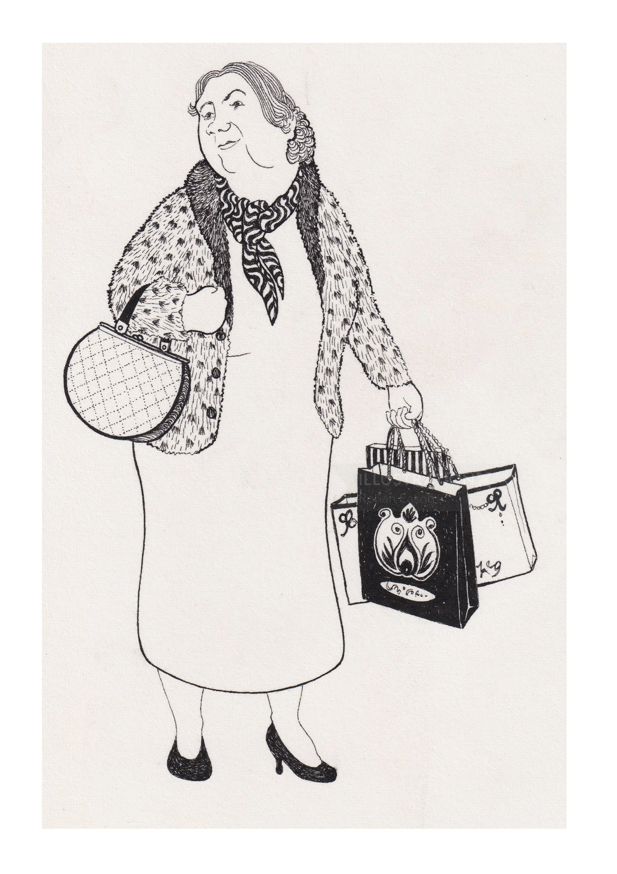 Illustration of a woman shopping at Harrods by Rohan Eason