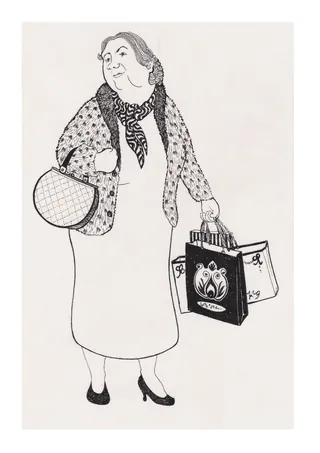 Illustration of a woman shopping at Harrods by Rohan Eason