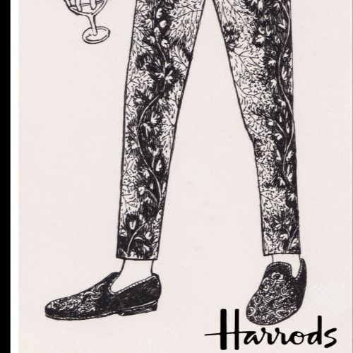 Illustration of a man in a detailed patterned suit holding glasses by Rohan Eason