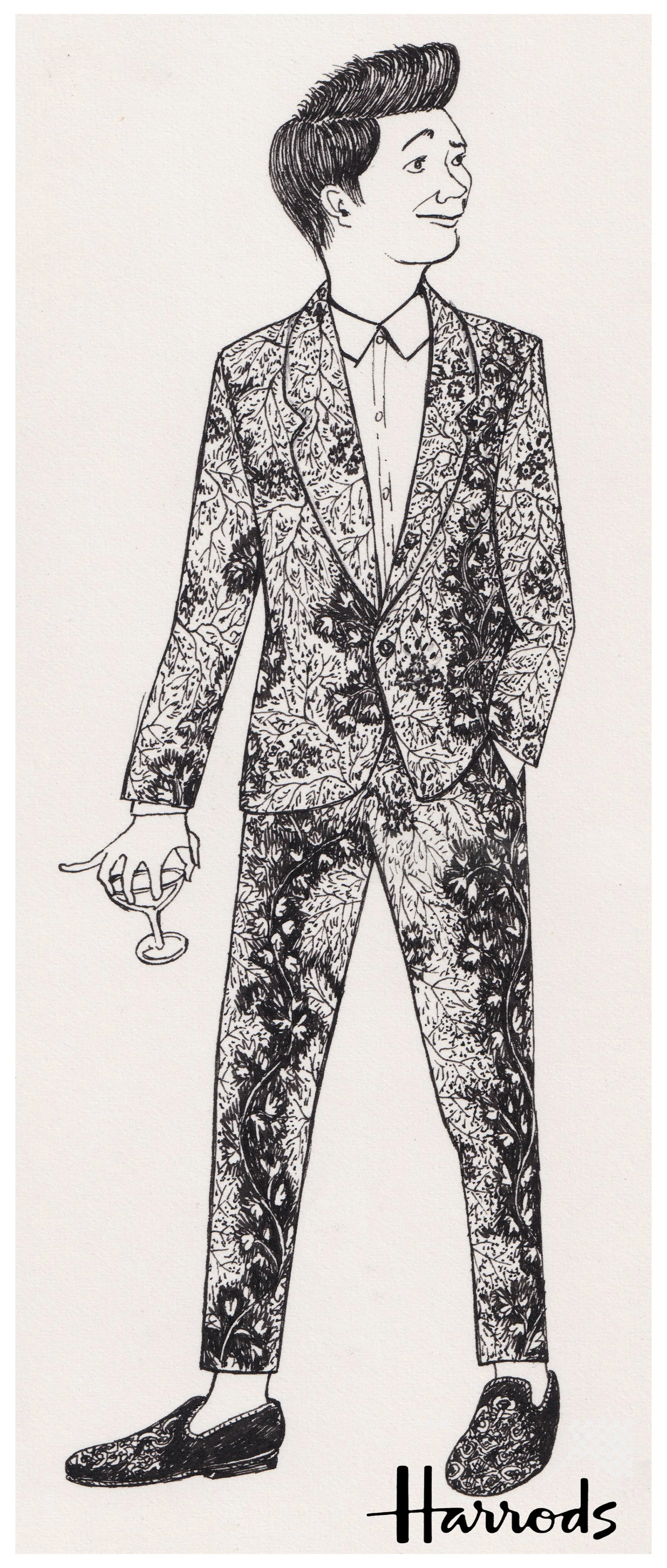 Illustration of a man in a detailed patterned suit holding glasses by Rohan Eason