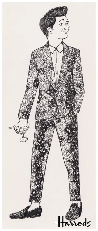 Illustration of a man in a detailed patterned suit holding glasses by Rohan Eason