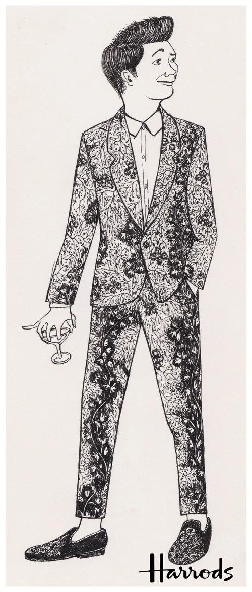 Illustration of a man in a detailed patterned suit holding glasses by Rohan Eason